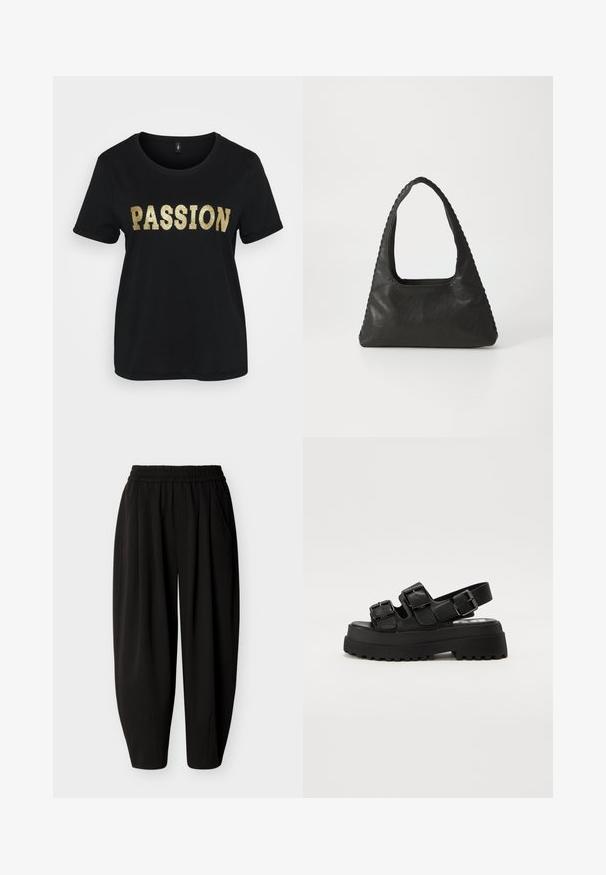 Camiseta de algodón negra con mangas cortas, que presenta la palabra "PASSION" en glitter dorado. Cuello redondo, corte relajado.; Pantalones negros de corte holgado con cintura elástica y bolsillos laterales, estrechos en los tobillos.; Sandalias de plataforma negras con tres correas ajustables de hebilla, una suela texturizada y una parte superior suave. Diseñadas con una silueta robusta y gruesa.; Bolso de cuero negro con forma triangular, un gran asa recortada y costuras detalladas a lo largo de los bordes. Textura suave.
