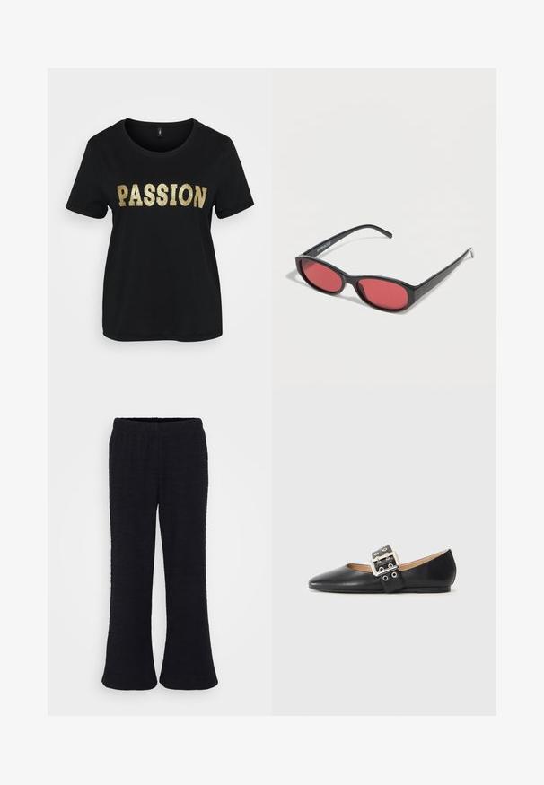 Sort bomulds t-shirt med korte ærmer, der har ordet "PASSION" i guldglitter. Rund halsudskæring, afslappet pasform.; Sorte, flagrende bukser med et tekstureret stof og elastisk talje. Designet er i fuld længde med en blød finish.; Sort læder flad sko med spidst tåparti og en dekorativ spænde-rem med sølvfarvet hardware og små udskæringer.; Sorte ovale solbriller med tynde arme og rødtonede linser, der ligger på en hvid overflade.