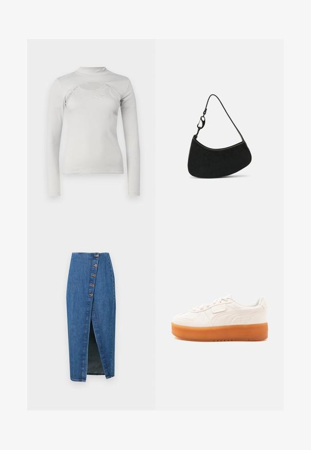 Lichtgrijs lange mouwen top met ribbelstructuur, hoge nek, uitsnijding en klein geborduurd logo op de borst.; Denim kokerrok in mediumblauw met een voornaad, voorzien van zes bronzen knopen langs de zijnaad. Soepele textuur en een aansluitend ontwerp.; Witte lage sneaker met veters en klittenbandsluiting, voorzien van een dikke lichtbruine zool en subtiele zijstiksels.; Zwarte handtas met een gebogen vorm, een gladde textuur en een korte band met een metalen sluiting. Minimalistisch ontwerp zonder patronen of accenten.