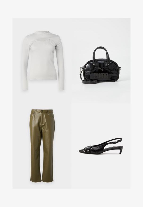 Haut à manches longues gris clair avec texture côtelée, col montant, découpe et petit logo brodé sur la poitrine.; Pantalon en simili cuir vert olive avec une coupe droite. Dispose de poches avant et d'une fermeture éclair avec un bouton en métal. Texture lisse.; Chaussure slingback en cuir noir avec bout pointu, trois boucles argentées à l'avant et petit talon kitten sur fond blanc.; Sac à main en cuir verni noir avec des poignées supérieures doubles, une bandoulière amovible, une forme arrondie et un logo "PUMA" en relief bien visible.