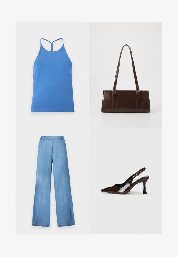 Blå dames ærmeløs racerback top med tynde stropper og et enkelt, tætsiddende design på en lysegrå baggrund.; Lyseblå brede jeans lavet af denim, med høj talje, diskret falmning og en ren kant uden udsmykninger eller lommer.; Brune patenterede læderslingback-sandaletter med spids tå, en tynd hæl og justerbar rem med en lille spænde.; Brun lakeret håndtaske med rektangulær form, to lange håndtag og subtile buede detaljer på fronten.