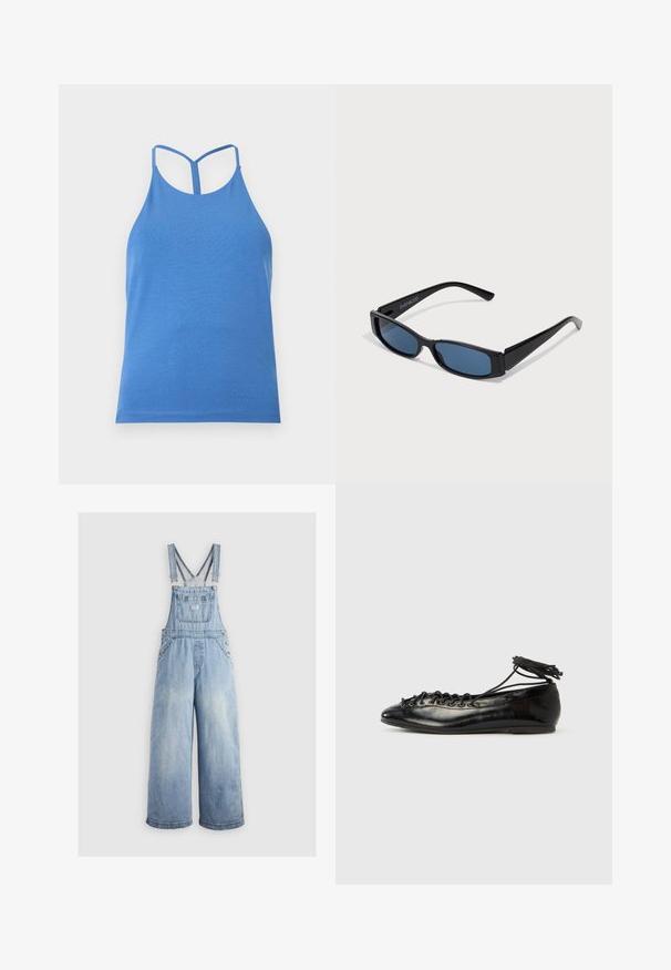 Blaues ärmelloses Damen-Racerback-Top mit dünnen Trägern und schlichtem, figurbetontem Design auf hellem grauem Hintergrund.; Helleblaue Denim-Latzhose mit weiten Beinen, verstellbaren Trägern, einer Fronttasche und Metallknöpfen an den Seiten. Klassischer Stil mit lockerer Passform.; Schwarze Ballerinas aus Lackleder mit runder Spitze, Schnürdesign und flacher Sohle. Glatte Textur mit minimaler Verzierung.; Schwarze Sonnenbrille mit einem eleganten rechteckigen Rahmen und blauen Gläsern. Besitzt eine glatte Oberfläche und robuste Scharniere. Markenlogo an der Seite.