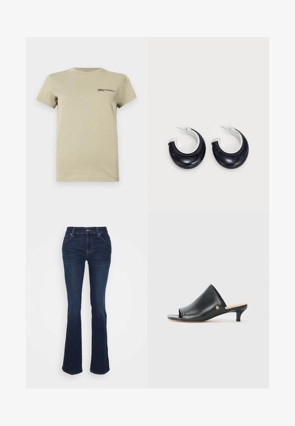 Khaki t-shirt med korte ærmer lavet af blødt bomuld, med en rund halsudskæring og en lille sort logo-tekst på venstre brystområde.; Mørkeblå udvidede jeans lavet af denim; høj talje, fem lommer, guld hardware accenter og glat tekstur med subtil fading ved lårene.; Sorte læder open-toe mules med en lav hæl. Har en glat overflade og et guld logo-prim på siden.; Sorte harpiks hoops øreringe med en skinnende overflade og silvertone hardware detaljer. Cirkulær form med en udskæring og stift-bagside lukning.