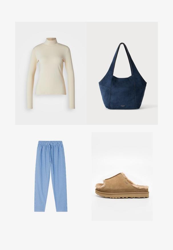 Crème-kleurige lange mouwen coltrui gemaakt van glad, rekbaar materiaal; aansluitend ontwerp met een hoge hals en zonder zichtbare patronen of accenten.; Blauw-witte verticale gestreepte broek met elastische tailleband en trekkoord, plat neergelegd op een witte achtergrond.; Beige suède instappantoffel met zachte fleece voering en rubberen zool, met een UGG-logo aan de zijkant, op een effen witte achtergrond.; Marineblauwe suède totebag met brede schouderriemen en subtiel merkembleem nabij het onderste midden.