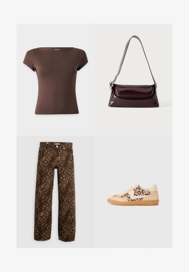 Schlichtes braunes tailliertes Kurzarm-T-Shirt mit weitem Ausschnitt, mit Hollister-Etikett in Größe Small, vor weißem Hintergrund.; Leopardenmusterweite Beinhosen in Braun und Beige. Hergestellt aus Denim, mit einem klassischen Fünf-Taschen-Design und Metallbeschlägen.; Löwenmuster-Sneaker mit beige Wildleder-Obermaterial, tanfarbener Gummisohle und weißen Akzenten. Runde Zehenform und Schnürdesign mit strukturiertem Finish.; Dunkel bordeauxrote Leder-Schultertasche mit Klappenverschluss und einem schmalen verstellbaren Riemen, präsentiert auf einem schlichten hellen Hintergrund.