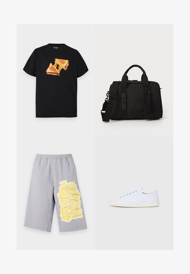 Zwart T-shirt met een afbeelding van een gegrilde kaasbroodje dat in tweeën is gebroken, waarbij gesmolten kaas te zien is die tussen de twee stukken uitrekt.; Grijze katoenen shorts met een elastische tailleband, voorzien van een grote gele grafische print en versleten randen aan het linkerbeen.; Witte canvas sneaker met een ronde neus, rubberen tip en platte zool. Voorzien van metalen oogjes en een eenvoudig vetersysteem.; Zwarte textiele tas met dubbele handvatten en een afneembare schouderriem. Voorzien van een reliëflogo en leren label. Gladde textuur, rechthoekige vorm.