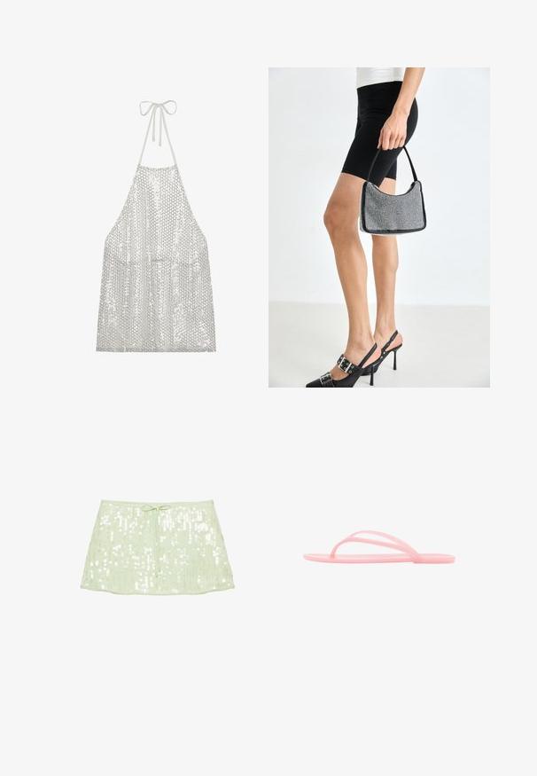 Tablier en sequins argentés avec un lien autour du cou. Il présente un tissu léger recouvert de petits sequins circulaires, réfléchissant la lumière et la texture.; Mini-jupe à sequins vert clair avec un cordon à la taille, présentée sur fond blanc uni.; Tongs minimalistes en caoutchouc rose avec fines lanières et semelle plate, présentées en profil latéral sur fond blanc.; Sac à main à perles noires avec une silhouette courbée, une poignée de transport et une texture brillante. Porté avec des chaussures à talons hauts noires et un short noir ajusté.