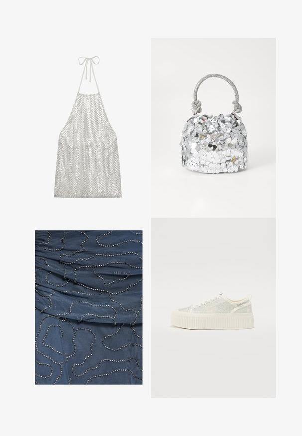 Tablier en sequins argentés avec un lien autour du cou. Il présente un tissu léger recouvert de petits sequins circulaires, réfléchissant la lumière et la texture.; Tissu bleu à texture plissée décoré de lignes perlées argentées irrégulières créant des motifs abstraits en boucles sur la surface.; Baskets plateformes blanches avec une tige texturée featuring des accents irisés et une semelle épaisse à nervures. Lacets et une languette à l'arrière.; Sac à main rond en argent recouvert de paillettes réfléchissantes, avec une anse tressée et un petit logo à l'avant. Texture lisse dans l'ensemble.