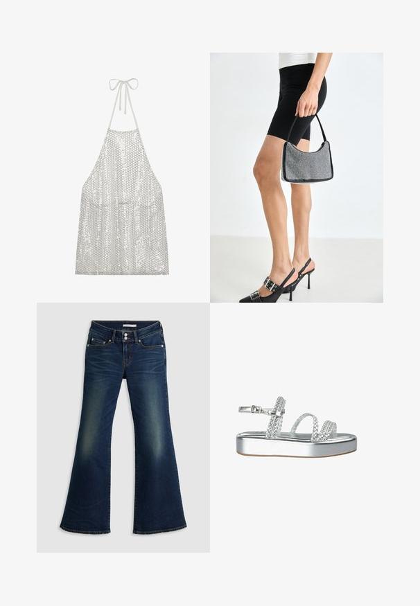 Silberner Pailletten-Schürze mit Halterneck-Bindung. Aus leichtem Stoff, der mit kleinen runden Pailletten bedeckt ist, die Licht und Textur reflektieren.; Dunkelblaue Jeans im Super-Low-Flare-Schnitt mit Front- und Gesäßtaschen, doppeltem Knopfverschluss und verwaschenen Details an Oberschenkeln und Knien.; Silberne Plateausandalen mit geflochtenen Riemen und einer Schnalle am Knöchel. Die Sohle ist flach und hat eine strukturierte Oberfläche für besseren Halt.; Schwarze Perlen-Handtasche mit geschwungener Silhouette, Tragegriff und glänzender Textur. Kombiniert mit schwarzen High Heels und enganliegenden schwarzen Shorts.