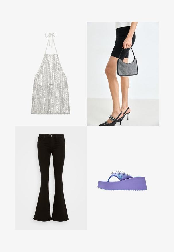Tablier en sequins argentés avec un lien autour du cou. Il présente un tissu léger recouvert de petits sequins circulaires, réfléchissant la lumière et la texture.; Jean flare noir taille haute avec bouton avant, passants de ceinture et cinq poches, affiché sur un fond blanc.; Sandale plateforme violette avec décorations papillon argentées sur la bride et semelle texturée.; Sac à main à perles noires avec une silhouette courbée, une poignée de transport et une texture brillante. Porté avec des chaussures à talons hauts noires et un short noir ajusté.