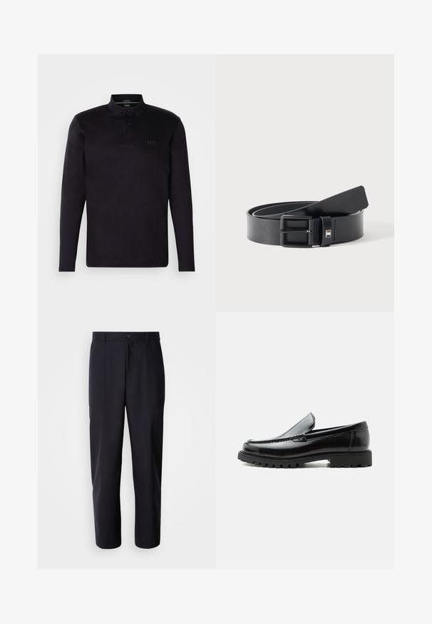 Schwarzes Longsleeve-Polohemd aus weichem Material, mit einer Drei-Knopf-Leiste, Kragen und dezentem "BOSS"-Logo auf der Vorderseite.; Dunkelblaue Hosen aus glattem Stoff, mit geradem Bein-Design, zwei Seiten Taschen und einem Knopfverschluss an der Taille.; Schwarzer Lederloafer mit grober Gummisohle, genähter Oberseite und geprägtem Markennamen an der Ferse, seitlich auf weißem Hintergrund gezeigt.; Schwarzer Ledergürtel mit matter schwarzer Metallschnalle, leicht gerollt mit Gürtelende auf einer weißen Oberfläche liegend.