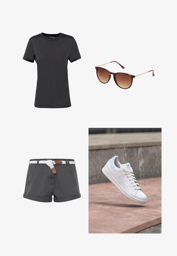Schwarzes T-Shirt mit kurzen Ärmeln aus glattem Stoff. Verfügt über einen Rundhalsausschnitt ohne sichtbare Muster oder Akzente und bietet ein einfaches Design.; Graue Baumwollshorts mit umgeschlagenen Säumen, ausgestattet mit einem weißen geflochtenen Gürtel und braunen Lederakzenten. Nähte sind auf dem Stoff sichtbar.; Weißer Ledersneaker mit hellblauem Fersenlasche, perforierten Seitenstreifen und Schnürsenkeln, schwebend über Steinstufen im Freien.; Schildpatt-Sonnenbrille mit graden braunen Gläsern, Cat-Eye-Form, goldene Metallakzente an den Schläfen und einem glatten Kunststoffrahmen.