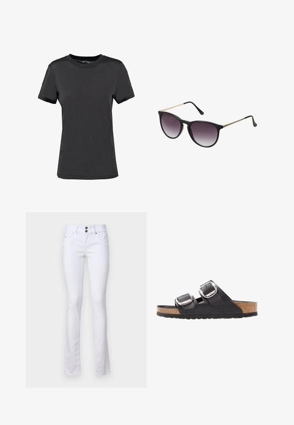 Zwarte korte mouwen t-shirt gemaakt van een gladde stof. Heeft een ronde hals zonder zichtbare patronen of accenten, wat zorgt voor een eenvoudig ontwerp.; Witte flared jeans gemaakt van een katoenmix, met een sluiting met twee knopen, voorzakken en subtiele stikseldetails.; Zwarte sandaal met twee verstelbare banden, zilveren gespen en een kurken voetbed op een gestructureerde zwarte rubberen zool.; Zwarte zonnebril met een gradient paarse lens. Cat-eye vorm, met dunne gouden metalen accenten op de armen. Glad plastic afwerking.