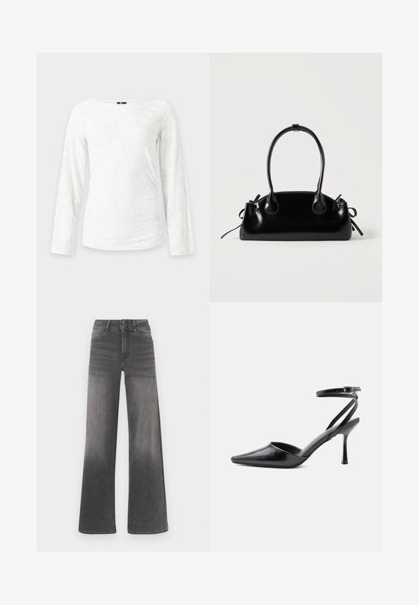 Haut ajusté blanc à manches longues avec un motif floral texturé subtil et un col rond, présenté sur un fond clair uni.; Jean à jambes larges en denim gris avec une finition délavée, design classique à cinq poches, fermeture à bouton, et détails de surpiqûres contrastantes.; Escarpin noir à bout pointu avec fines brides de cheville et fermeture à boucle argentée sur fond clair uni.; Petit sac à main noir brillant avec deux longues anses et des détails à cordon sur les côtés sur un fond clair uni.