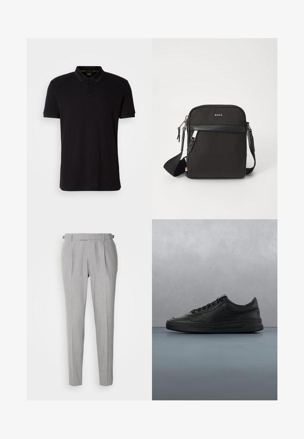 Zwarte polo shirt van zachte stof, met een klassieke kraag, een knoopsluiting met drie knopen en een geborduurd logo op de borst.; BOSS PEPE - Broek - silver; Zwarte sneaker met een glad leren bovenwerk, ronde neus, platte veters, gewatteerde kraag en minimalistisch design. Rubberen zool met een subtiel profiel.; Zwarte schoudertas van textuurstof, met logo aan de voorkant, ritssluiting en verstelbare schouderband. Voorzien van een gladde leren rand.