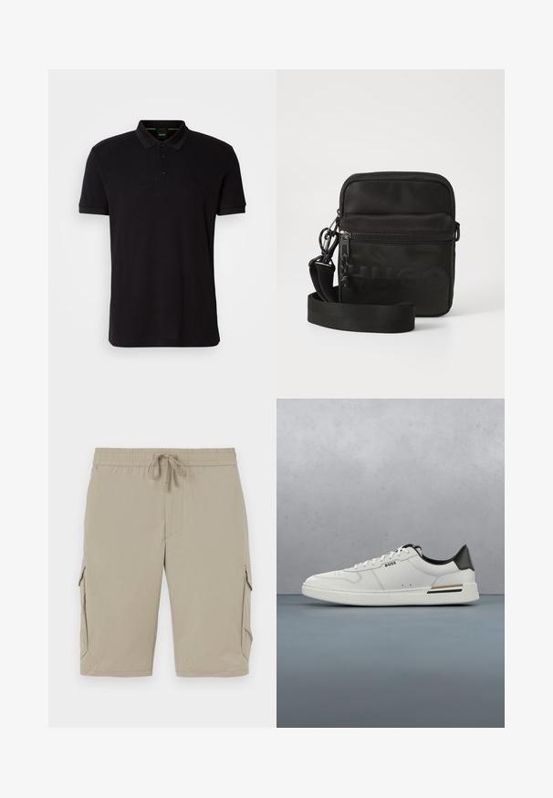 Zwarte polo shirt van zachte stof, met een klassieke kraag, een knoopsluiting met drie knopen en een geborduurd logo op de borst.; Beige cargoshorts met een elastische tailleband en een koord. Beschikt over zijzakken en een zachte, lichte stof.; Witte lage sneaker met zwarte hiel, vetersluiting, subtiele perforaties en het "BOSS" logo aan de zijkant, getoond vanuit het zijprofiel.; Zwarte nylon schoudertas met ritssluiting, verstelbare schouderband en geperste "HUGO" logo op de voorkant. Glad oppervlak, rechthoekige vorm.