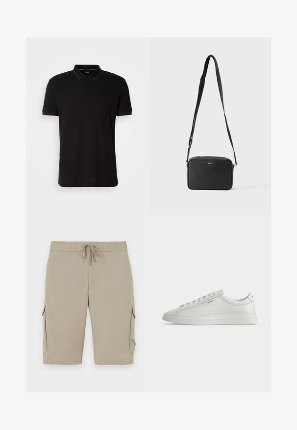 Polo negro hecho de una tela suave, con un collar clásico, tapeta de tres botones y un logo bordado en el pecho.; Pantalones cortos cargo beige con cinturilla elástica y cordón. Cuentan con bolsillos laterales y una tela suave y ligera.; Zapatilla blanca de cuero de corte bajo con cordones, suela plana y pequeño logo dorado "BOSS" en el lateral, vista desde el lado exterior.; Bolso bandolera rectangular negro con correa ajustable y logo BOSS en la parte delantera, sobre un fondo claro liso.