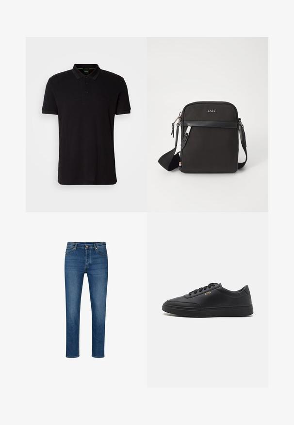Zwarte polo shirt van zachte stof, met een klassieke kraag, een knoopsluiting met drie knopen en een geborduurd logo op de borst.; Blauwe denim jeans met een rechte pasvorm, voorzien van vijf zakken, riemlussen en een knoopsluiting. Lichte wassing en contrasterende stiksels.; Zwarte leren sneakers met een gladde textuur, ronde neus, platte rubberen zool en tonale veters. Kenmerkt zich door de gouden "BOSS" branding aan de zijkant.; Zwarte schoudertas van textuurstof, met logo aan de voorkant, ritssluiting en verstelbare schouderband. Voorzien van een gladde leren rand.