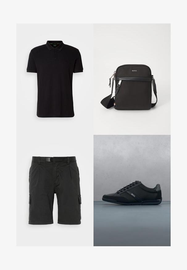 Must must, mis pehmest kangast, klassikalise kraega, kolme nupuga lukuga ning rinnal on tikanditega logo.; Mustad mustad lühikesed püksid lapiku ees, mitme külgtaskuga ja vööd, valmistatud vastupidavast kangast, millel on sile tekstuur.; Mustad mustad jalanõud, millel on sujuva ja tekstuuriga materjalide segu, ümmargused paelad, logoga aktsent külgedel ja kumer tallade disain.; Must mustra kott, millel on tekstuuriga kangas, logo ees, lukuga sulgemine ja reguleeritav rihm. Funktsiooniks on sile nahaäär.