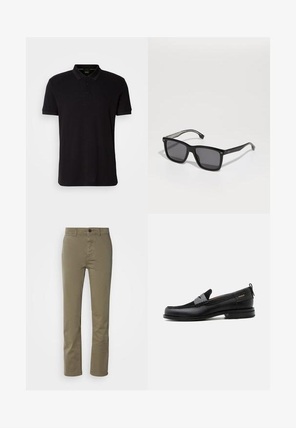 Polo shirt noir en tissu doux, avec un col classique, une patte de boutonnage à trois boutons et un logo brodé sur la poitrine.; Pantalon en coton vert olive à coupe droite, doté d'une fermeture à bouton et de poches avant. Texture lisse sans motifs visibles.; Mocassin en cuir noir avec détail de bride grise, talon bas et semelle texturée, marqué "HUGO" en or sur le côté.; BOSS Lunettes de soleil - black
