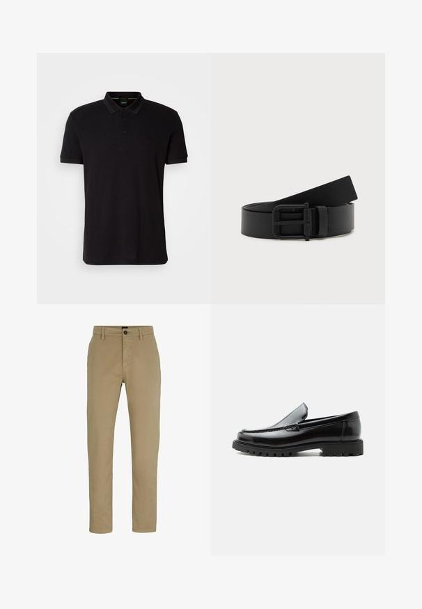 Zwarte polo shirt van zachte stof, met een klassieke kraag, een knoopsluiting met drie knopen en een geborduurd logo op de borst.; Beige katoenen chinos met een slim fit, platte voorkant en een knoopsluiting. Voorzien van ceintuurlussen en zijzakken voor functionaliteit.; Zwarte leren loafer met dikke rubberen zool, gestikte bovenkant en gegraveerde merknaam op de hiel, zijaanzicht op witte achtergrond.; Zwarte leren riem opgerold met matte zwarte metalen gesp op een witte achtergrond.