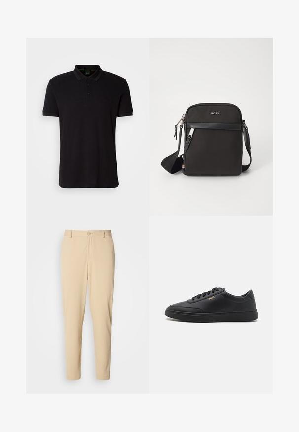 Sort polo shirt lavet af blødt stof, med klassisk krave, tre-knaps lukning og et broderet logo på brystet.; Beige bukser med struktur i slim fit, med knaplukning foran, bæltestropper og sidelommer. Glat stoffinish.; Sorte lædersneakers med en glat overflade, rund tå, flad gummisål og tonede snørebånd. Udstyret med guld "BOSS" branding på siden.; Sort crossbody taske med et struktureret stof, logo på fronten, lynlås lukning og justerbar rem. Har en glat læderkant.