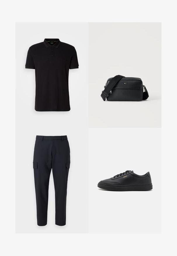 Polo negro hecho de una tela suave, con un collar clásico, tapeta de tres botones y un logo bordado en el pecho.; Pantalones cargo de color navy oscuro con piernas rectas, dos bolsillos laterales y un diseño de frente plano. Fabricados con un tejido ligero.; Zapatillas de cuero negro con una textura suave, punta redondeada, suela plana de goma y cordones a tono. Presentan el logotipo dorado "BOSS" en el lateral.; Bolso bandolera negro de cuero texturizado con bolsillo frontal con cremallera y correa de hombro ancha de tela ajustable sobre fondo blanco.