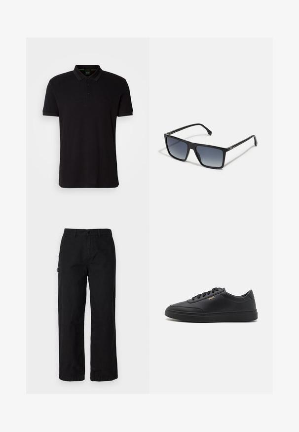 Schwarzes Poloshirt aus weichem Stoff, mit klassischem Kragen, dreiknöpfiger Knopfleiste und gesticktem Logo auf der Brust.; Schwarze Baumwoll-Cargohosen mit geradem Bein, ausgestattet mit Seitentaschen und einem vorderen Knopfverschluss. Langlebiger Stoff mit einer glatten Textur.; Schwarze Leder-Sneaker mit glatter Textur, runder Zehenpartie, flacher Gummisohle und einfarbigen Schnürsenkeln. Mit goldfarbenem "BOSS" Logo an der Seite.; Schwarze rechteckige Sonnenbrillen mit verlaufsdunklen bis hellen Gläsern. Kunststoffrahmen mit schlankem Design und minimalen Hardwaredetails an den Seiten.