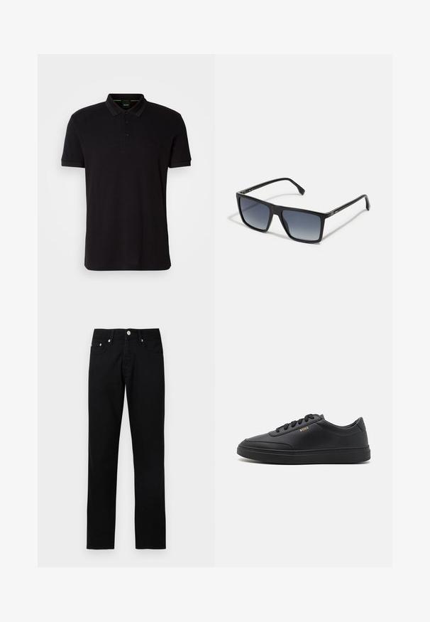 Schwarzes Poloshirt aus weichem Stoff, mit klassischem Kragen, dreiknöpfiger Knopfleiste und gesticktem Logo auf der Brust.; Schwarze Jeans mit geradem Bein, vorderer Knopfleiste, Reißverschluss, Gürtelschlaufen und fünf Taschen auf hellgrauem Hintergrund.; Schwarze Leder-Sneaker mit glatter Textur, runder Zehenpartie, flacher Gummisohle und einfarbigen Schnürsenkeln. Mit goldfarbenem "BOSS" Logo an der Seite.; Schwarze rechteckige Sonnenbrillen mit verlaufsdunklen bis hellen Gläsern. Kunststoffrahmen mit schlankem Design und minimalen Hardwaredetails an den Seiten.