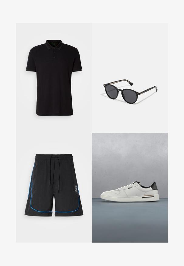 Sort polo shirt lavet af blødt stof, med klassisk krave, tre-knaps lukning og et broderet logo på brystet.; Sorte badebukser med snøre i taljen, featuring blå piping langs sømmene og et logo på venstre lår. Letvægtsstof.; Hvide lavtoppede sneakers med sort hæl, snørebånds lukning, subtile perforeringer og "BOSS" logo på siden, vist fra ydersiden i profil.; BOSS Solbriller - black