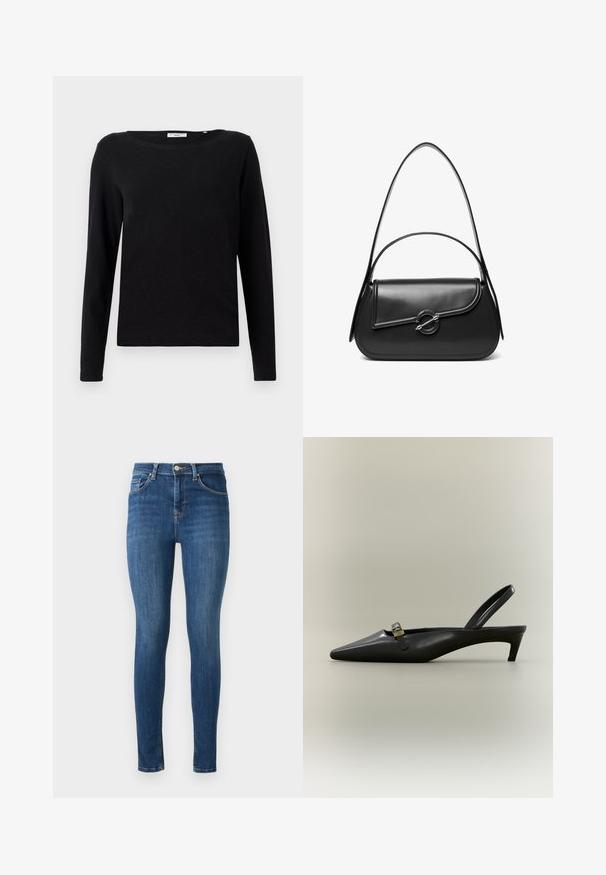 Zwarte lange mouwen T-shirt van katoen. Heeft een ronde hals en een ontspannen pasvorm. Gladde textuur zonder zichtbare patronen of accenten.; Skinny jeans in donkerblauwe denim met vijf zakken, sluiting met een knoop aan de voorkant en een gladde textuur. Licht vervaging langs de dijen en knieën.; Zwarte lederen slingback kitten heel met puntige neus en klein gouden gespsluiting op een effen achtergrond.; Zwarte leren schoudertas met een gebogen klep die is bevestigd met een ronde metalen sluiting en een smalle, verstelbare band.