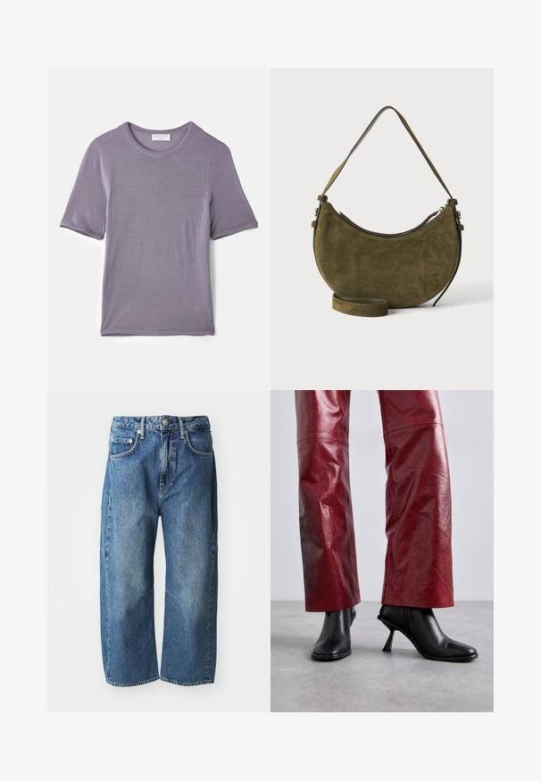 Lilla kortærmet t-shirt lavet af blødt stof, med en rund hals og en lige kant, med en glat tekstur og uden synlige mønstre.; Blå denimjeans med en løs, bred ben-design, der har forlommer, en knap- og lynlåslukning og subtilt slid ved knæene.; Sorte ankelstøvler med højhælede og spidse tæer, i en vinkelret design, parret med højtaljede røde læderbukser med et subtilt mønster.; Oliven/grøn ruskindshåndtaske i halvmåneform med kort skulderrem og yderligere justerbar lang rem, lynlås lukning øverst.
