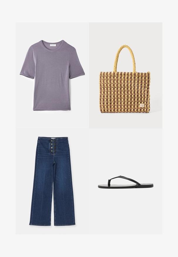 Lilla kortærmet t-shirt lavet af blødt stof, med en rund hals og en lige kant, med en glat tekstur og uden synlige mønstre.; Bredde denimjeans i mørkeblå, med høj talje og fem knaplukninger foran, i en glat tekstur med let falming.; Sorte flip-flops med minimalistisk design, der har tynde stropper og en flad sål. Materialet ser ud til at være plast med en glat overflade.; Vævet taske i brun og gul, med en rektangulær form, to håndtag, og en tekstureret overflade med synlige sting og et mærke.