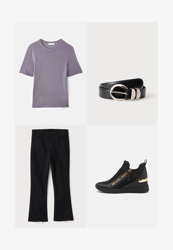 Paarse korte mouwen T-shirt van zachte stof, met een ronde hals en een rechte zoom, met een gladde textuur en geen zichtbare patronen.; Mother LIL HUSTLER FRAY - Bootcut jeans - black denim; Zwarte sportieve sneaker met meshpanelen, gouden logodetails, slip-on ontwerp en een wiggenhak voor extra hoogte. Rubberen zool.; Zwarte leren riem met een zilveren, afgeronde gesp en twee zilveren riemlussen op een effen lichte achtergrond.