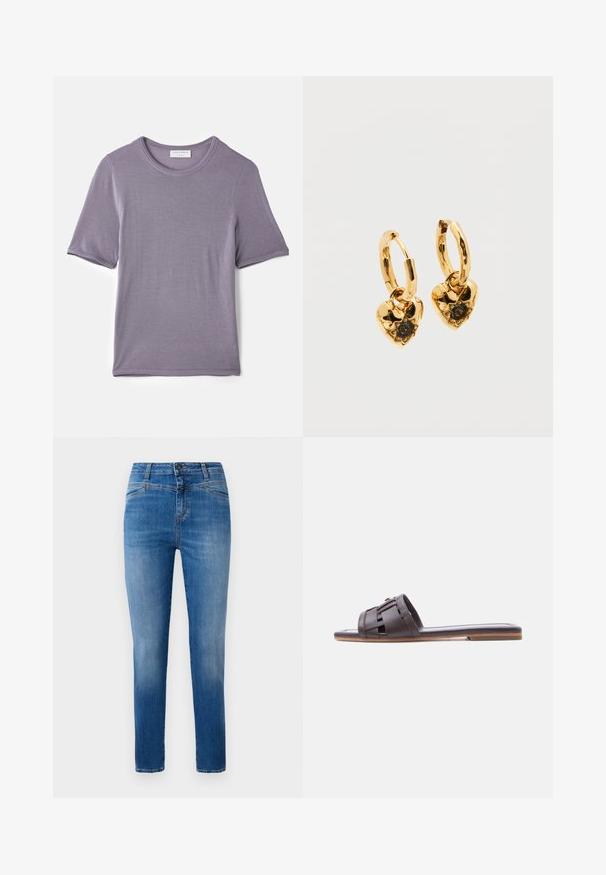 Lilla kortærmet t-shirt lavet af blødt stof, med en rund hals og en lige kant, med en glat tekstur og uden synlige mønstre.; Klassiske blå denimjeans med lige ben, designet med en mellem høj talje, forlommer og orange stikninger som detaljer.; Brun læder flad slidesandal med vævet remdetalje og tynd sål på hvid baggrund.; Guld øreringe med hjerteformede vedhæng. Hvert hjerte har en tekstureret overflade og en central sort ædelsten i en fæstning med klør.