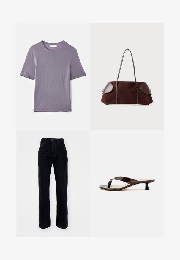 Lilla kortærmet t-shirt lavet af blødt stof, med en rund hals og en lige kant, med en glat tekstur og uden synlige mønstre.; Sorte denim jeans med høj talje og lige ben, der har fem lommer, bæltestropper og en knaplukning i taljen.; Brun skildpaddeskal kitten heel sandal med snorrestram og firkantet tå på en ensfarvet lys baggrund.; Brun ruskinds taske med læderdetaljer, struktureret form, dobbelte skulderstropper og afrundede kanter, som har en glat tekstur og minimal hardware.