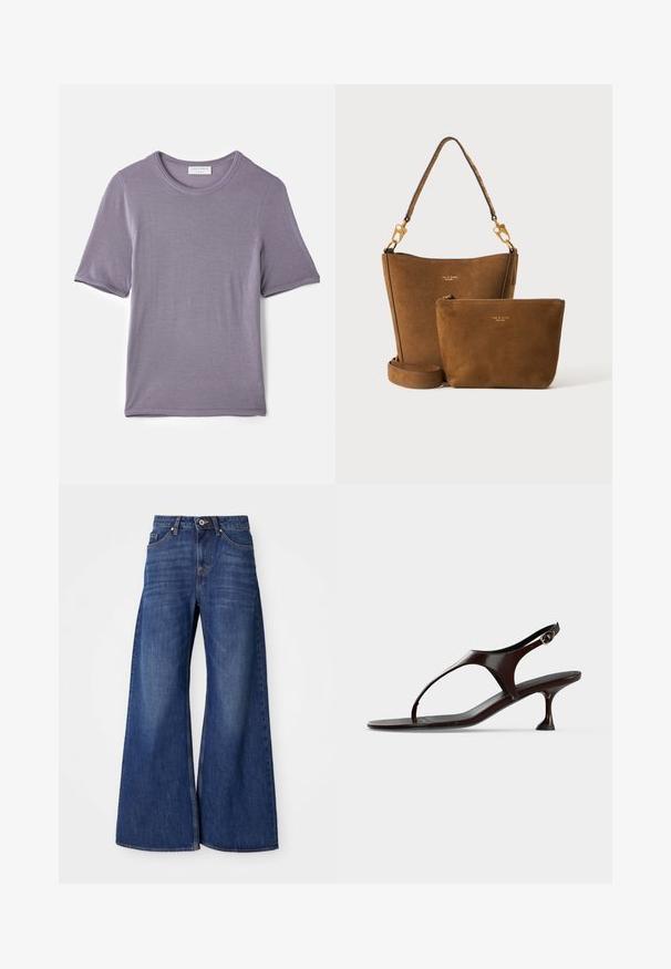 Lilla kortærmet t-shirt lavet af blødt stof, med en rund hals og en lige kant, med en glat tekstur og uden synlige mønstre.; Bredde denimjeans i mørkeblå, med et klassisk fem-lomme design, knaplukning og subtle whiskering langs lårene.; Mørkebrun laklædersandal med rem bagpå, lille hæl og tårem på hvid baggrund.; Brun ruskindspose med aftagelig rem og matchende lille lynlåspung, begge med gulddetaljer og diskret mærkelogo.