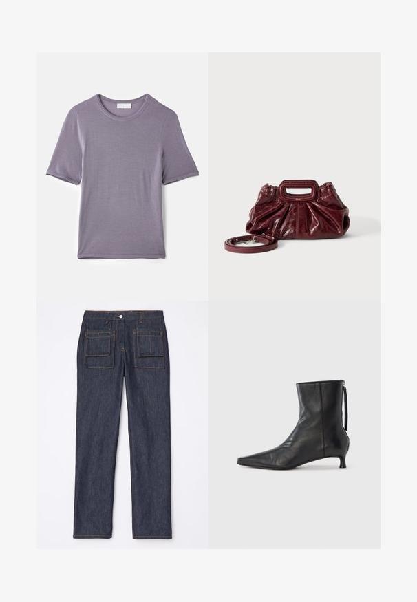 T-shirt violet à manches courtes en tissu doux, avec un col rond et un ourlet droit, au toucher lisse et sans motifs visibles.; Jean en denim bleu marine avec une coupe droite, dotés de deux poches arrière et de surpiqûres orange contrastantes.; Bottine en cuir noir à bout pointu, forme structurée et petit talon. Dispose d'une fermeture éclair latérale et d'un design minimaliste.; Petit sac à main en cuir rouge foncé avec texture froncée, poignée rectangulaire découpée pour la main et bandoulière détachable sur fond blanc.