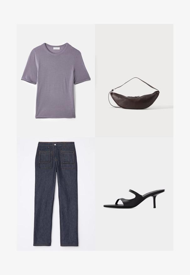 Lilla kortærmet t-shirt lavet af blødt stof, med en rund hals og en lige kant, med en glat tekstur og uden synlige mønstre.; Mørkeblå denimjeans med lige ben-design, der har to baglommer og kontrasterende orange syninger.; Sort kvindes mule-sandal med hæl, to remme over foden og en slank, mellemstor stilet-hæl på ensfarvet baggrund.; Mørkebrun læder skuldertaske i halvmåneform med buet rem og synlige syninger på ensfarvet baggrund.