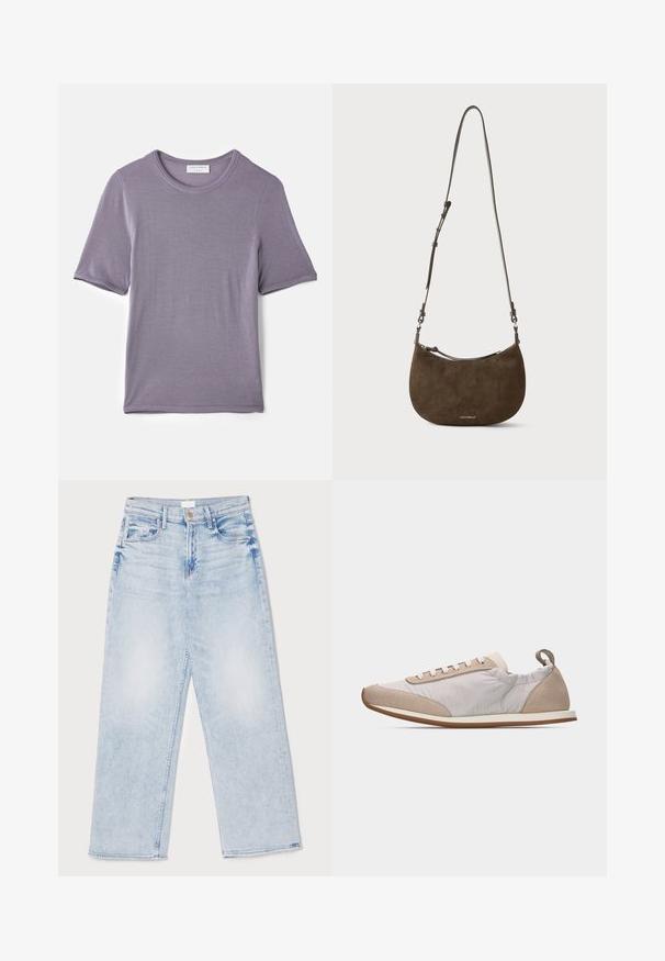 Lilla kortærmet t-shirt lavet af blødt stof, med en rund hals og en lige kant, med en glat tekstur og uden synlige mønstre.; Lysblå, højtaljede denim jeans med vidde i benene, der har fem lommer, en frontlukning med knap og en let falmet tekstur.; Lysebeige sneaker med hvide snørebånd, ruskind på tå og hæl, bløde stofsider og en tynd lysebrun gummisål, set fra siden.; Brun ruskind skuldertaske i halvmåneform med justerbar rem og lynlås, lille hvidt mærkelogo nederst i midten.