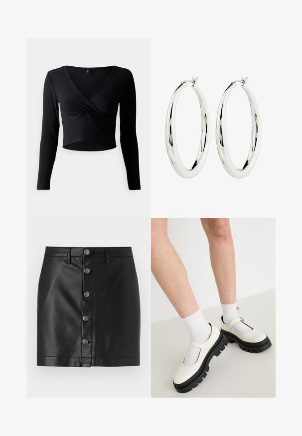 Crop top noir en maille côtelée à manches longues avec un col en V et un design avant torsadé. Texture lisse avec une silhouette ajustée, présentant des coutures minimales.; Jupe en cuir noire au design ajusté, dotée de cinq boutons en métal argenté sur le devant et d'un ourlet droit. Texture lisse.; Des chaussures Mary Jane en cuir verni blanc avec une semelle noire épaisse, comportant une sangle sur le cou-de-pied et portées avec des chaussettes blanches.; Boucles d'oreilles en argent en forme de halo, avec une surface lisse et réfléchissante. Forme ronde et large avec un fermoir sécurisé en haut. Fini poli mettant en valeur l'éclat.
