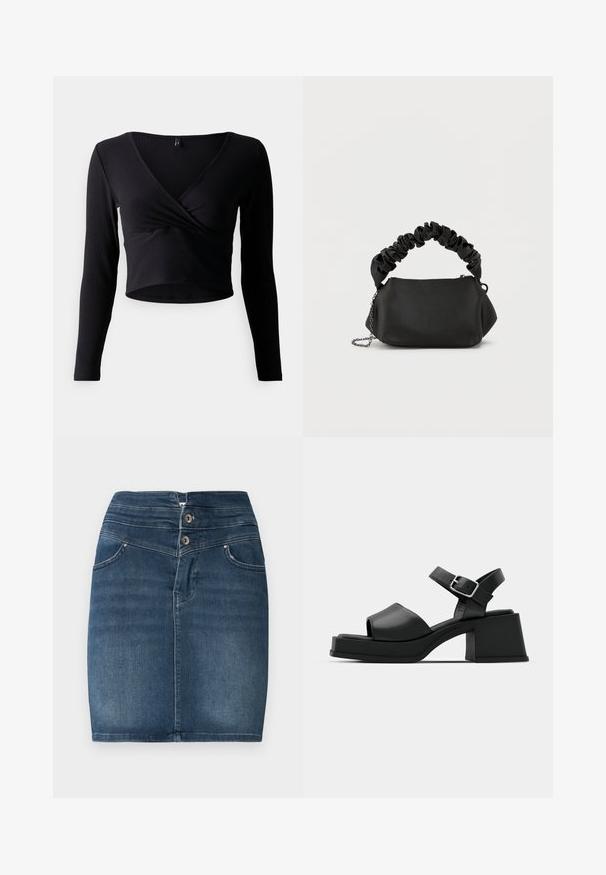 Must mustriba pikaa varrukat crop-top, millel on V-kaelus ja keeratud esiosa disain. Sile tekstuur ja sobiv siluett, millel on minimaalne õmbluste arv.; Tumesinine teksaskirt, millel on kahe nupuga sulgemine, viie tasku disain ja sirge lõige. Omab siledat tekstuuri ja minimaalset kulumist.; Mustad mustad platvormsandaalid avatud varbaga, pahkluu rihmaga ja paksu ruudukujulise kandaga. Sile tekstuur ja minimalistlik stiil.; Musthave ringikott, millel on ümar kuju ja mis on valmistatud siledate materjalidest. Omab pehmet, mõõduka kumerusega käepidet ja metallist ahelhõlma, mis pakub mitmekesiseid kandmisvõimalusi.