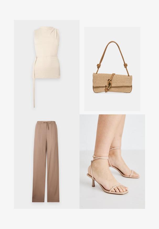 Ærmeløs beige top med høj hals og sidebånd med metalring, lige kant og minimalistisk design.; Beige vidde bukser med elastisk taljebånd og snøre, lavet af letvægtsstof, vist fladt mod en hvid baggrund.; Nude strop sandals med en tynd ankelrem, et firkantet tådesign og en lille blokhælt. Glat tekstur med minimal detaljering.; Rektangulær vævet beige håndtaske med tanfarvet læderrem med knuder og en guldfarvet krogspænde på en ensfarvet baggrund.