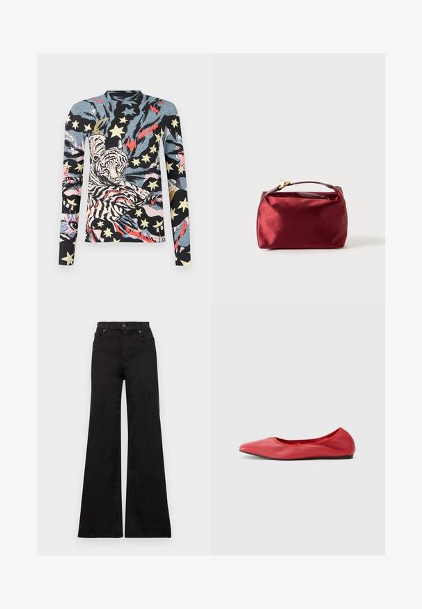 Haut à manches longues présentant un design graphique audacieux avec un tigre, des étoiles et des motifs abstraits aux couleurs vives sur un fond noir.; Jean flare noir en denim avec taille haute, présentant des poches avant et des garnitures métalliques sur le bouton et les rivets.; Filippa K REY FLATS - Ballerines - bright red; Trousse de maquillage en satin bourgogne de forme rectangulaire, avec fermeture éclair et une poignée courte. Présente un design minimaliste et une texture lisse.