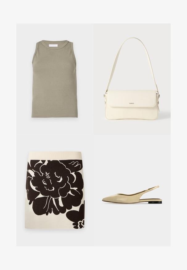 Débardeur côtelé vert olive, avec un col rond et un design sans manches. Confectionné en matière douce et extensible avec une silhouette ajustée.; Jupe crème avec large ceinture côtelée et grand motif floral noir couvrant le tissu avant.; Chaussure plate beige à bout pointu avec bride arrière, petit talon noir et finition en cuir lisse, vue de côté sur un fond uni.; Sac à bandoulière en cuir couleur crème avec fermeture à rabat, quincaillerie argentée, une bandoulière réglable et un logo discret.