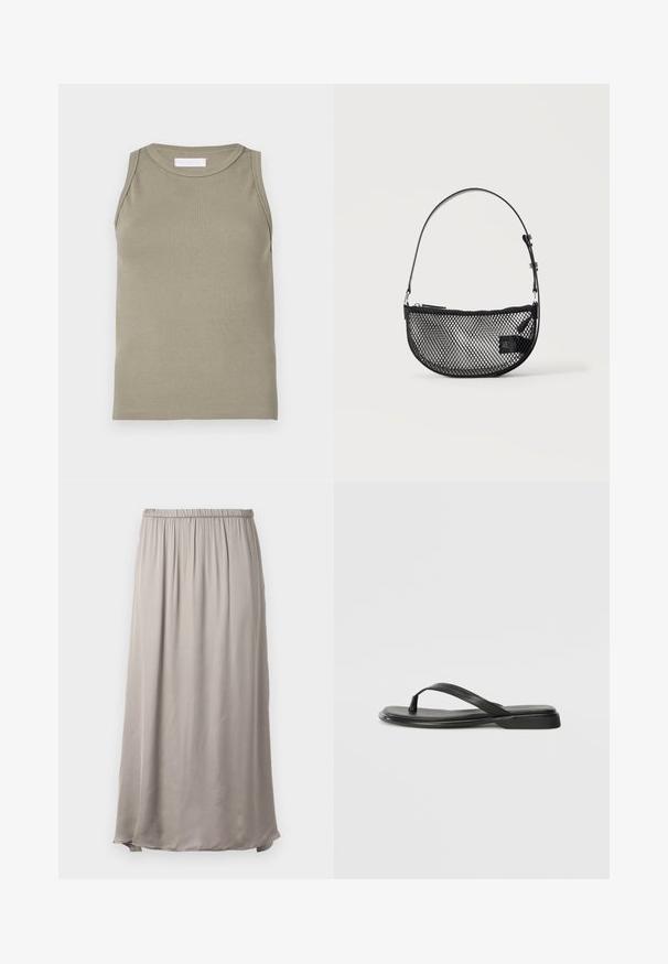 Ribbet tanktop i olivengrøn med rund halsudskæring og ærmeløs design. Fremstillet af blødt, elastisk materiale med en tætsiddende pasform.; Lang, beige nederdel lavet af blød, letvægtsstof med elastisk talje, der har et flydende design og en subtil glans.; Sorte flip-flops lavet af glat læder, med et tyndt remdesign og en flad sål med et minimalt profil. Ingen bemærkelsesværdige mønstre eller accenter.; Sort mesh halvmåne håndtaske med en kort justerbar læderrem og lynlåslukning på en ensartet lys baggrund.