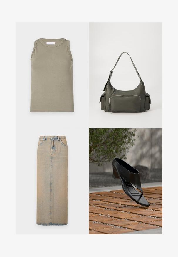 Débardeur côtelé vert olive, avec un col rond et un design sans manches. Confectionné en matière douce et extensible avec une silhouette ajustée.; Une longue jupe en denim bleu clair avec une coupe droite. Comprend cinq poches, des passants de ceinture et un multiplicateur de boutons à l'avant. Texture décolorée sur toute la surface.; Sandale noire à talon haut avec une lanière entre les orteils, flottant au-dessus d'une surface extérieure en bois et gravier à motifs, avec un arrière-plan flou de verdure et un mur.; Sac à épaule en cuir vert avec un design arrondi, poche zippée à l'avant et poches supplémentaires sur les côtés. Texture lisse et matériel minimal.
