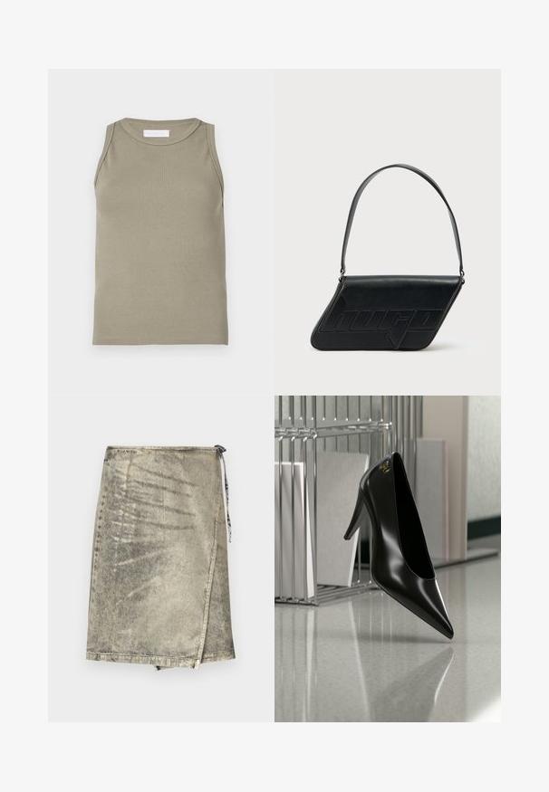 Geripptes Tanktop in Olivgrün mit rundem Halsausschnitt und ärmellosem Design. Hergestellt aus weichem, dehnbarem Material mit figurbetonter Passform.; Jeanswickelrock in metallischem Gold. Mit Schlaufenverschluss, unregelmäßigem Saum und subtiler Textur mit einem leicht abgetragenen Aussehen.; Schwarzer High-Heel-Schuh mit spitzer Zehe und goldem Logo, auf einer reflektierenden Oberfläche nahe einem verchromten Draht-Organizer mit Dokumenten positioniert.; Schwarze Leder-Umhängetasche mit dreieckiger Form, geprägt mit Logo und einem einzigen verstellbaren Riemen. Minimalistisches Design mit glatter Textur.