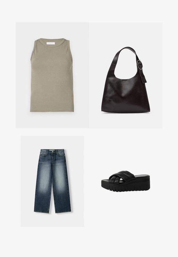Geribbelde tanktop in olijfgroen, met een ronde halslijn en mouwloos ontwerp. Gemaakt van zacht, rekbaar materiaal met een aansluitend silhouet.; Wijdere denim jeans in donkerblauw, met een vervaagde wassing. Vijf-pocket ontwerp met een knoopsluiting en riemlussen.; Zwarte platform sandalen met gekruiste banden van glad leer, voorzien van een dikke, gestructureerde zool en een licht afgeronde teen.; Bruine lederen schoudertas met een gladde textuur, ronde vorm, brede strap en een cirkelvormig metallic accent op de handgreep.