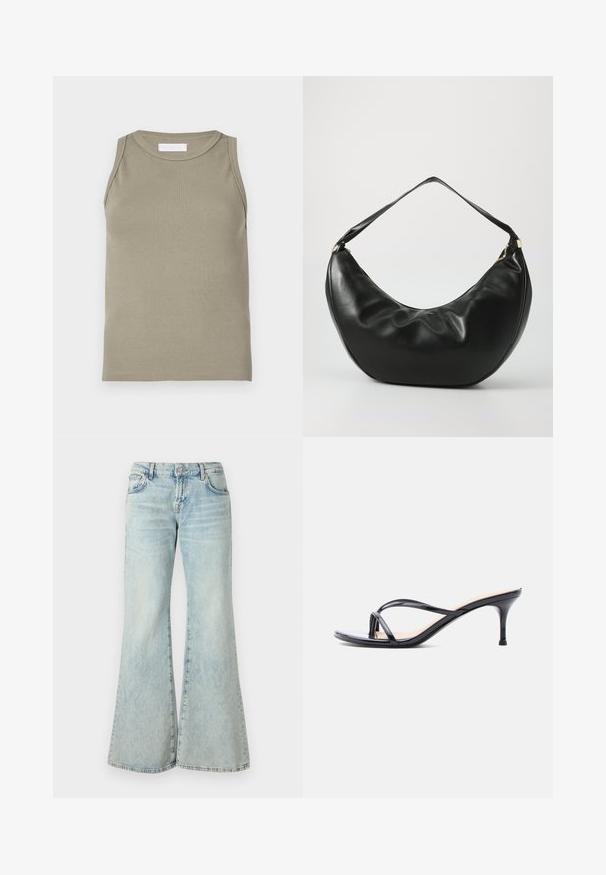 Ribbet tanktop i olivengrøn med rund halsudskæring og ærmeløs design. Fremstillet af blødt, elastisk materiale med en tætsiddende pasform.; Lyseblå flared jeans lavet af denim, med høj talje, lommer og frynset kant. Stoffet har et slidt look og en subtil struktur.; Sort laklædersandal med hæl, tynde krydsede remme og en slank mellemhøj stilethæl på en hvid baggrund.; Sort læder skuldertaske med en buet form, blød tekstur og en enkelt rem; har en guldbeslået lynlås og diskret branding.